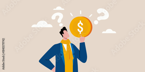 Man pondering financial questions with a dollar sign above his head
