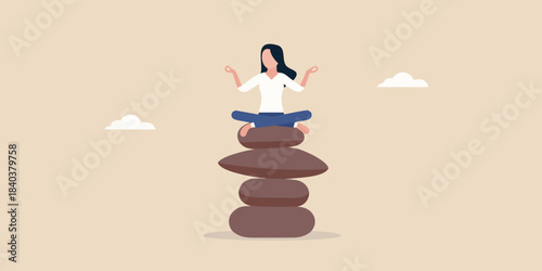 A woman meditating peacefully atop a balanced stack of stones