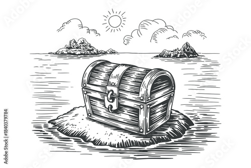 Antique chest with rich ornate metal details set on a clear sandy shore under bright sun and gentle clouds, expressive hand-drawn vector illustration for creative design