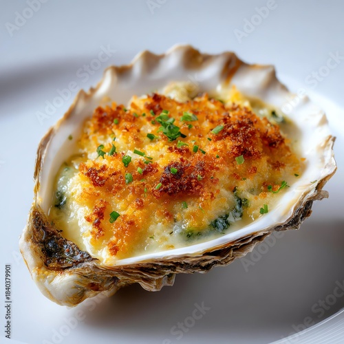 Delicious baked oyster on a white plate