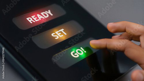 Ready Set Go: Hand Pressing Green GO Button on Digital Screen | Start, Launch, & Action Concept