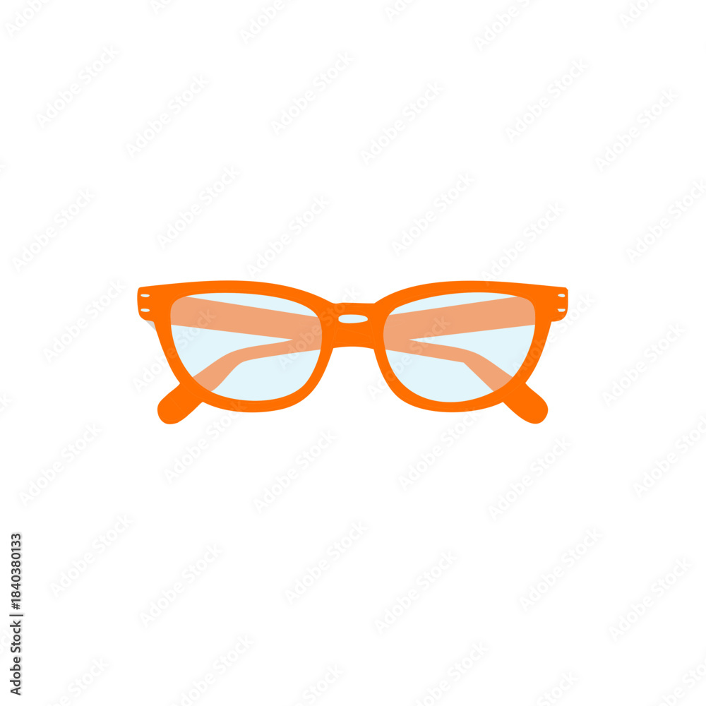 Fototapeta premium Bright orange eyeglasses, clear lenses, eyewear fashion icon, vision correction equipment, trendy plastic frames, spectacles
