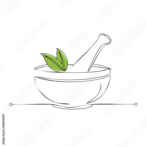 Mortar and pestle with green leaves line art, minimalist herbal medicine concept, continuous drawing, single line illustration