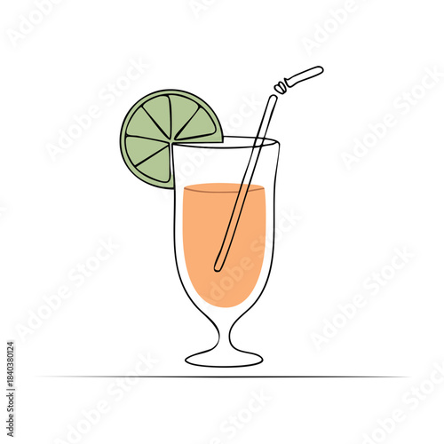 Refreshing summer drink line art with lime wedge and straw for a tropical vacation, a simple vector illustration for menu or logo