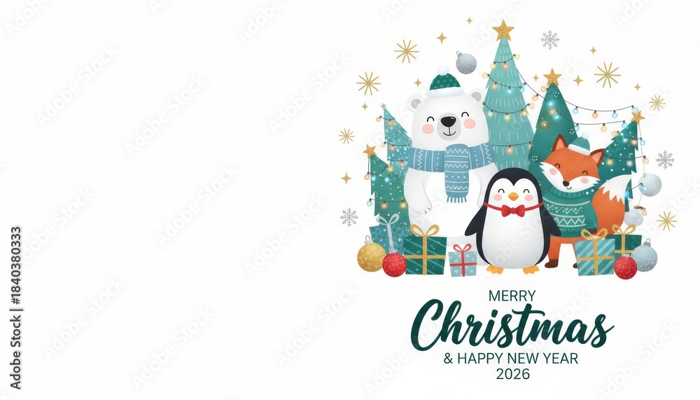 Fototapeta premium Festive christmas celebration featuring adorable polar bear penguin and fox surrounded by colorful decorations winter wonderland digital art whimsical viewpoint holiday concept for 2026