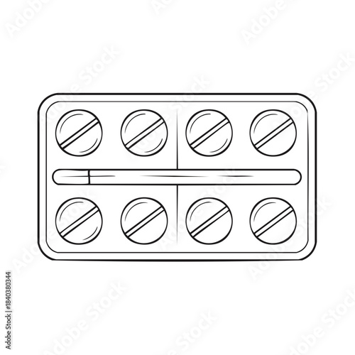 Pill pack with capsules, black and white medical illustration, healthcare, tablet blister simple line art drawing for medicine theme or pharmaceutical