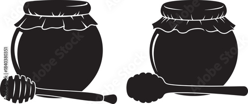 Two jars of honey with dippers silhouette