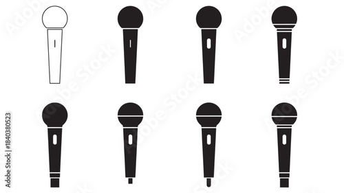 a collection of eight microphone icons displayed in varying styles some filled and some outlined on transparent background silhouette high quality professional detailed modern elegant stylish