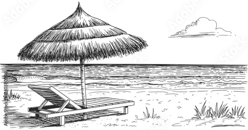 Beach sketch vector illustration with a shaded palm umbrella and comfortable lounge chair beside calm ocean waves, serene summer vacation atmosphere for leisure and travel