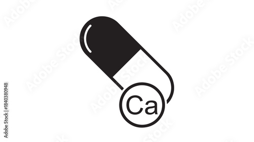 a sleek black and white capsule with calcium symbol a minimalist design element perfect for medical graphics on transparent background silhouette high quality professional detailed modern