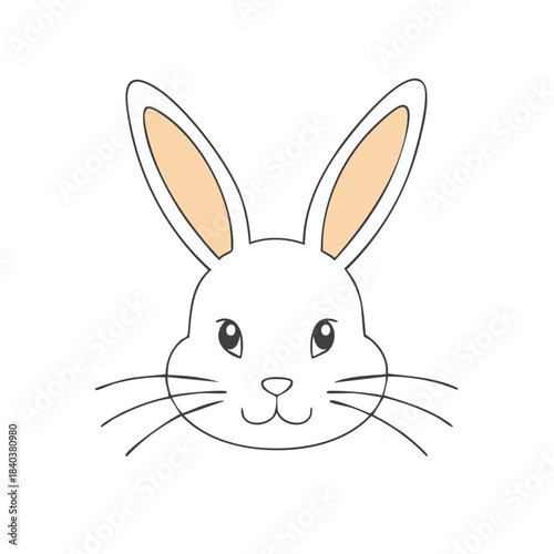 Cute Easter Bunny Head Simple Illustration, White Rabbit, Face with Ears