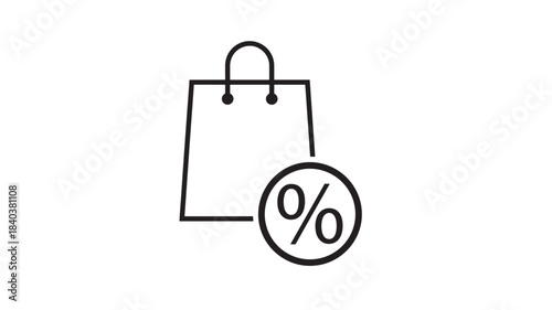 A simple black line drawing depicts a shopping bag with a percentage sign inside a circle on transparent background silhouette high quality professional detailed modern elegant