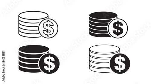 a collection of four black and white coin stack icons with dollar signs ideal for financial graphics on transparent background silhouette high quality professional detailed modern
