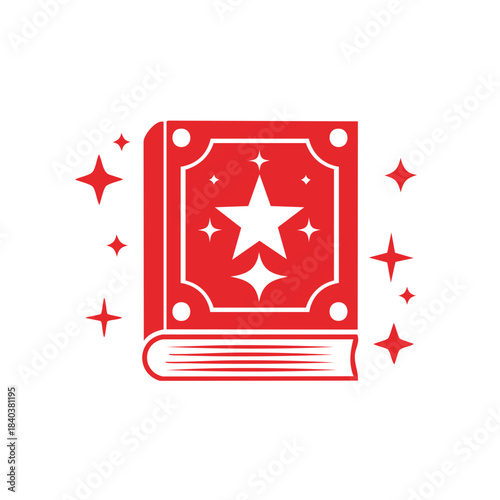 Red book with star and sparkles simple graphic illustration, spellbook, magic book, fairy tale book, knowledge