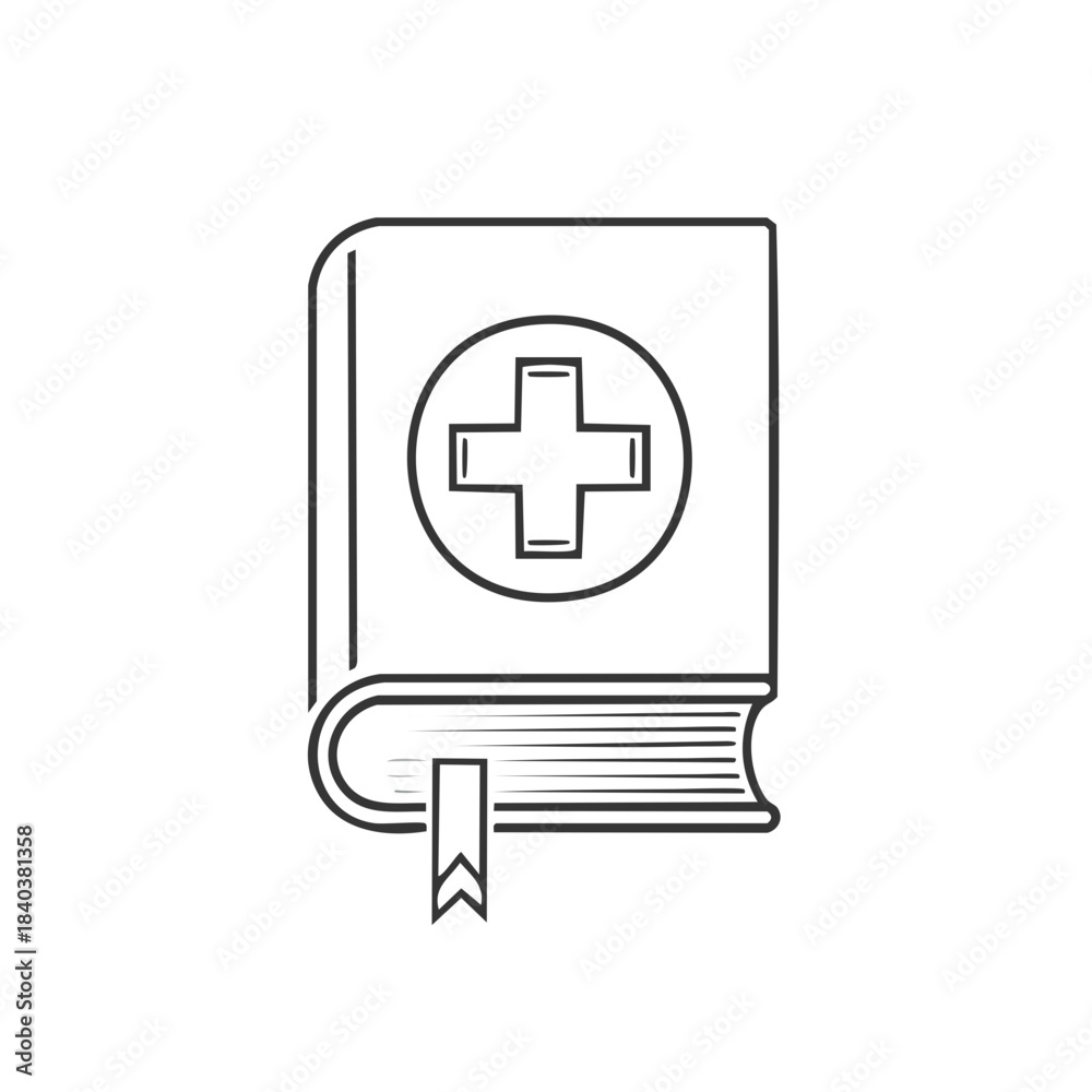 Obraz premium Outline Medical Book with Cross Symbol for Healthcare Information and Medicine Education. Isolated Vector Icon.