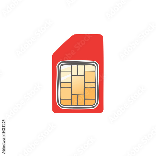 Red SIM card with chip for smartphones and mobile phones sketched out isolated
