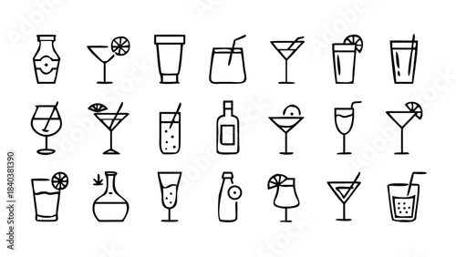 Stylish thin stroke icons for cocktails and drinks, ideal for bar menus, beverage apps, and summer party invitations.