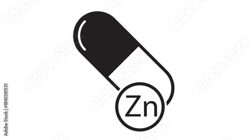 A sleek black and white capsule icon with the chemical symbol for zinc prominently displayed ideal for health concepts on transparent background silhouette high quality professional