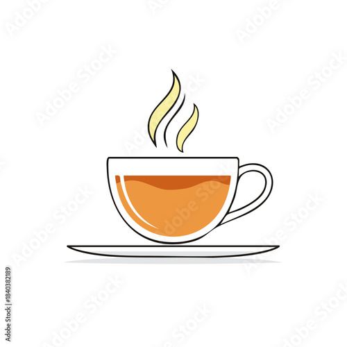 Stylized Glass Tea Cup Illustration with Steaming Tea, Flat Design of Herbal Teacup and Saucer