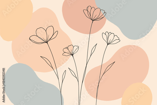 Minimalist spring abstraction in a very fashionable style with thin black line art flowers with long stems, resembling field poppies or cosmos.