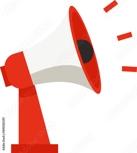 Red megaphone broadcasts important announcement, amplifying voice with clear sound projection for public address.