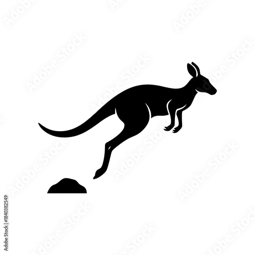 Kangaroo silhouette hopping over small rock minimal vector illustration