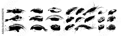 Hand painted oriental asian sushi icons set in traditional black ink brush stroke drawing style
