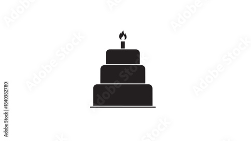 a minimalist depiction of a tiered birthday cake with a single lit candle atop presented in a bold silhouette on transparent background high quality professional detailed