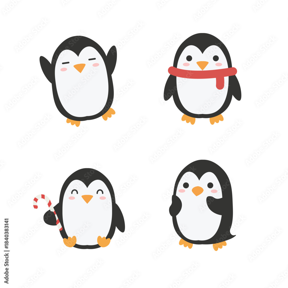 Fototapeta premium Cute set of cartoon baby penguins. Funny vector characters with a red scarf and candy cane. Adorable Christmas and winter holiday illustration collection.