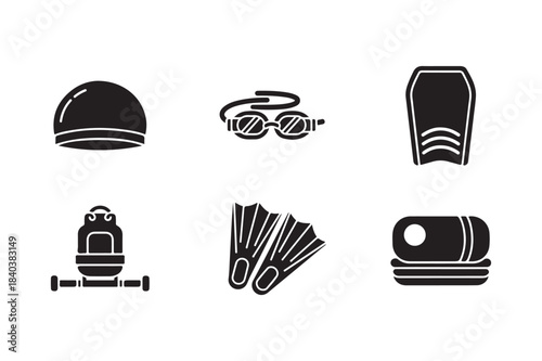 Collection of swimming gear icons in black and white
