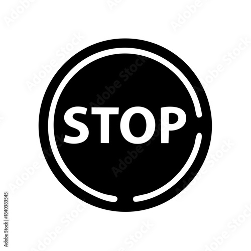 Black and White Illustration of a Stop Sign with Bold Text in a Circle