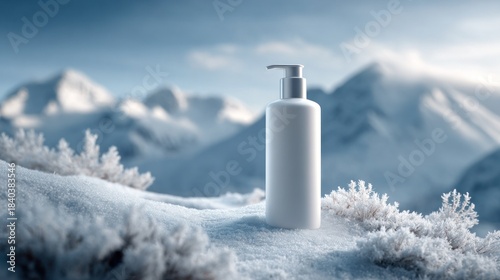 Cosmetic lotion bottle standing on snow with winter mountains background