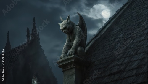 Stone gargoyle perched atop a gothic building roof, illuminated by the moonlit night