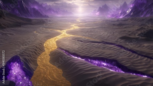 Surreal alien landscape with golden river and violet rock formations under a bright light