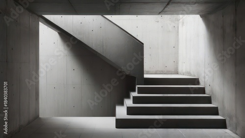 Stark concrete staircase bathed in natural light, leading to a minimalist doorway