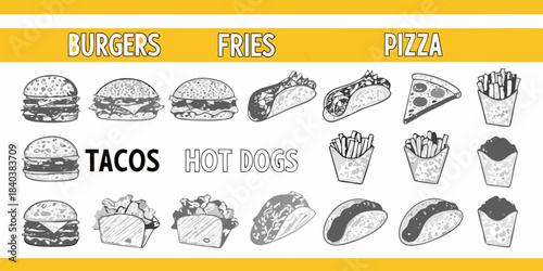 A colorful illustration showcasing popular fast food items burgers tacos and pizza