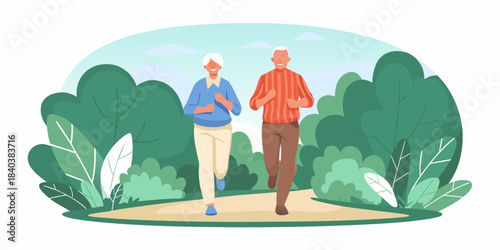Active seniors enjoying a healthy jog together in a lush green park