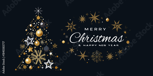 Festive gold and silver christmas tree with sparkling lights and greetings