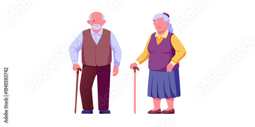 An illustration depicting an elderly couple both using walking sticks