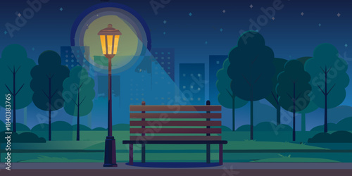 A serene night scene featuring a glowing lamppost park bench and trees
