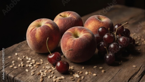 Still life depicts peaches, grapes, cherries, and grains on a weathered wooden surface against dark backdrop