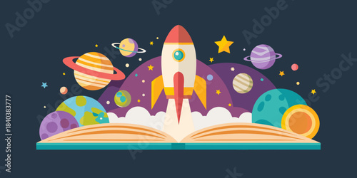 A rocket launching from an open book into a colorful space scene