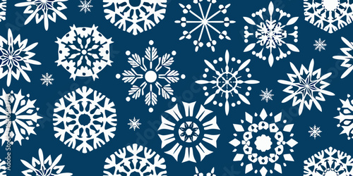 A repeating pattern of delicate white snowflakes on a deep navy background