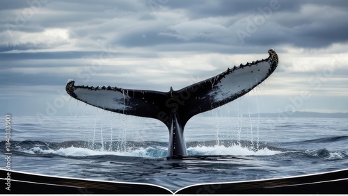 Whale's fluke breaches the surface, with stormy sky backdrop, dark ocean, and white highlights