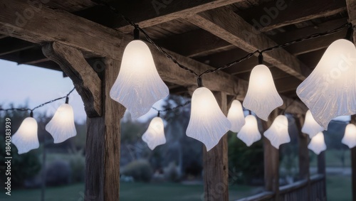 Strings of glowing, white, bell-shaped lights adorn weathered wooden beams at dusk