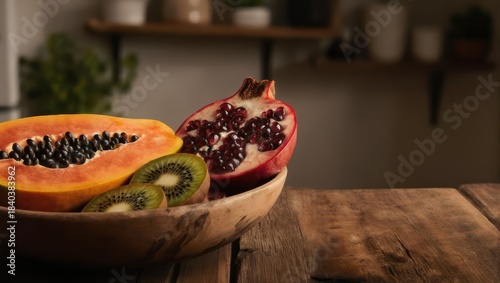 Vibrant tropical fruits, halved, arranged in a wooden bowl on a rustic table with a blurred kitchen backdrop