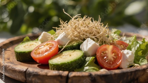 Vibrant salad with avocado, tomatoes, sprouts & cheese on a rustic wooden plate