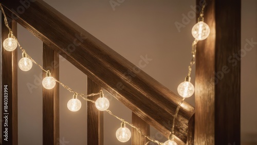 Warm glow of fairy lights on wooden staircase banister.