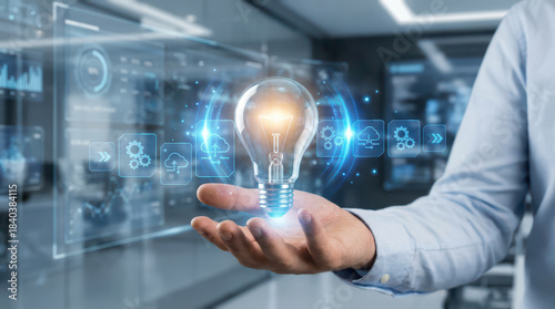 Light bulb glowing in hand symbolizes innovation and creativity in technology. background features digital interfaces and icons representing ideas and progress