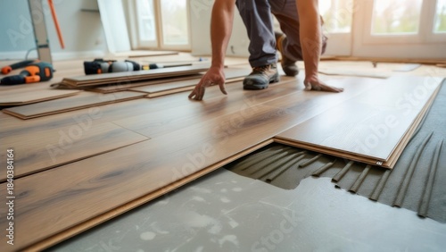 Worker installing wooden floorboards in a light-filled room. Tools and partially completed flooring present